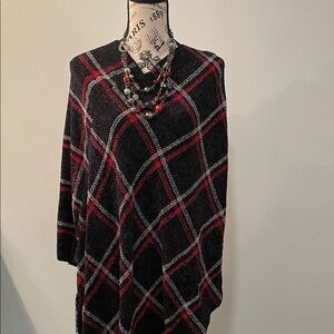 Aris Black and Red Plaid Poncho